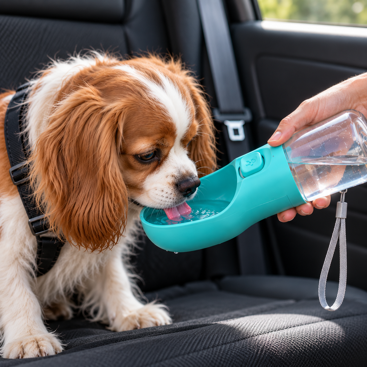 Dog drinking from the Furwarm GoFlow travel water bottle