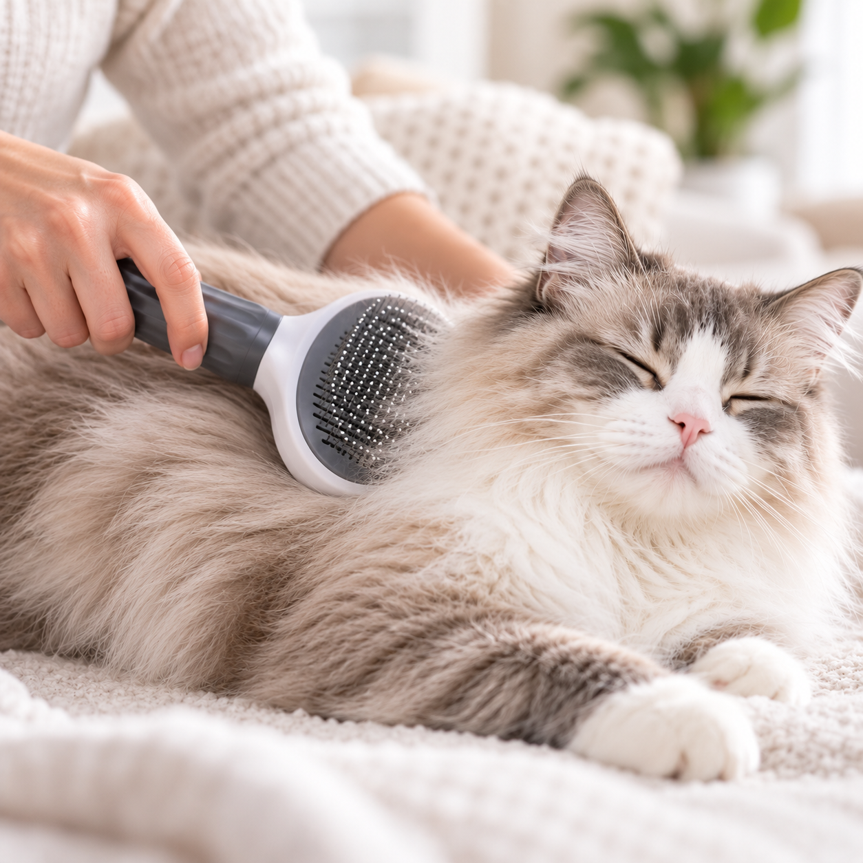 Long-haired cat being brushed with the Furwarm EasyGroom pet brush