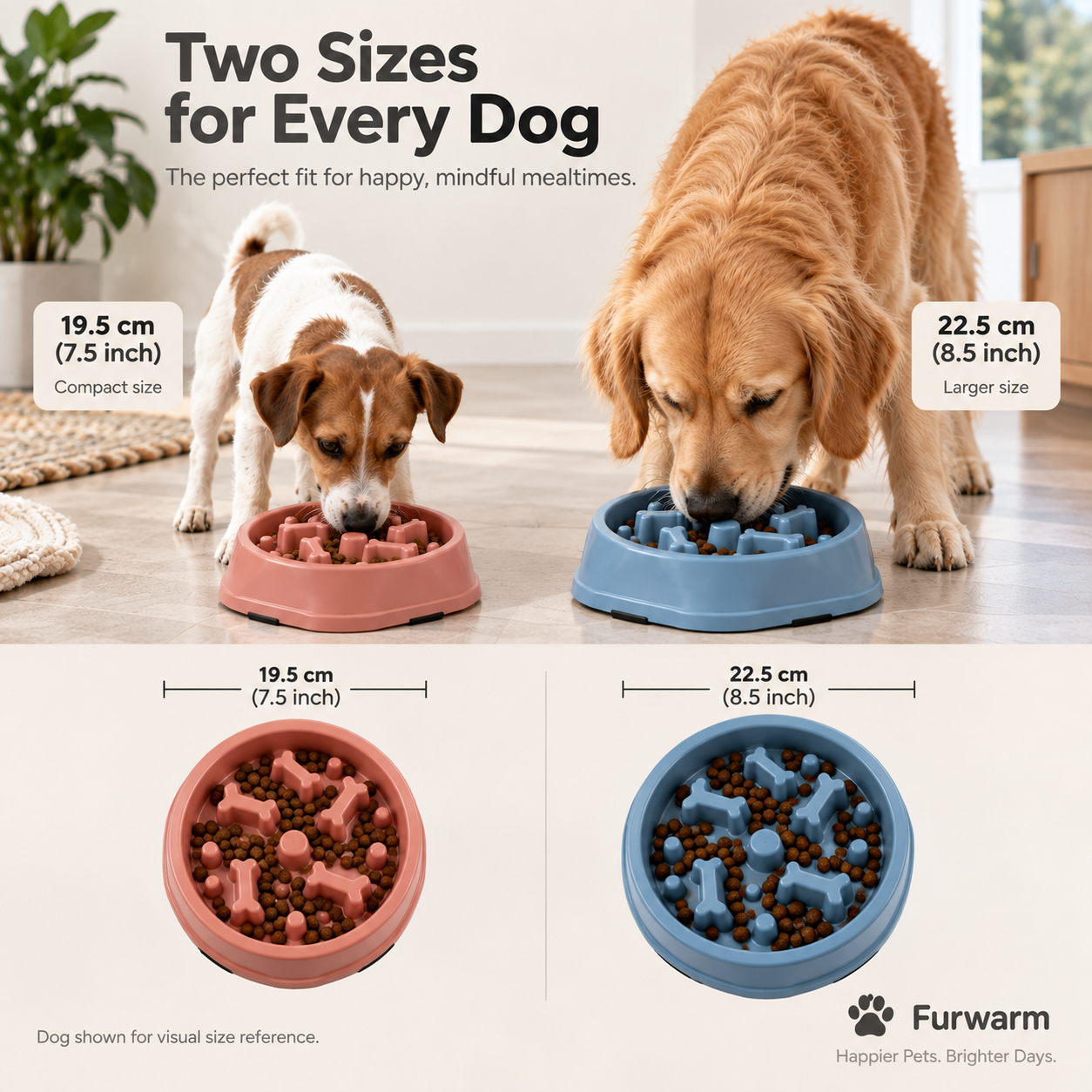 Furwarm Mindful Slow Feeder Bowl size comparison: 19.5 cm and 22.5 cm